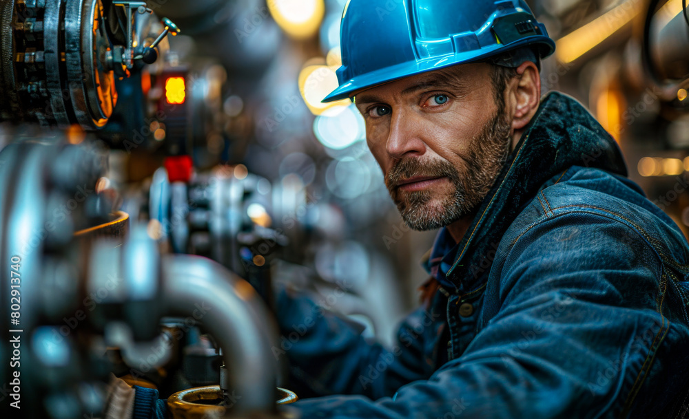 Portrait of handsome mature engineer wearing hardhat and uniform looking at camera in offshore oil and gas refinery. Portrait of handsome mature engineer wearing hardhat and uniform looking at camera in offshore oil and gas refinery.