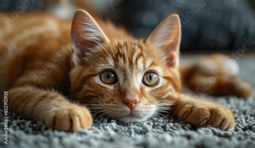 Cute little red kitten is lying on the carpet at home.