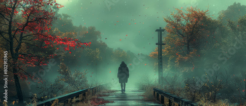 A silhouette person walking on a bridge in autumn forest at night