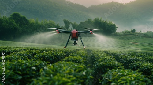 Agriculture drone spraying on green tea photo