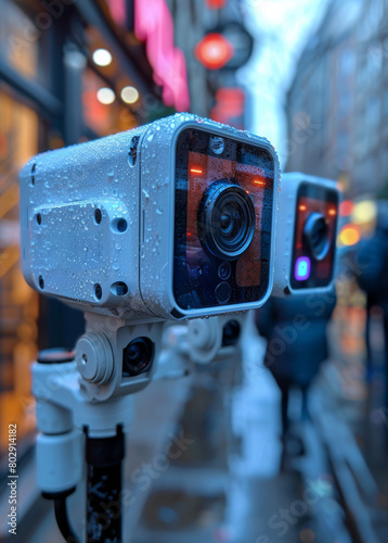 Action camera on tripod and blurred city street