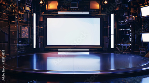 An empty chroma TV screen studio virtual background, perfect for integrating virtual sets or adding special effects, with realistic chroma key capabilities and lifelike HD resolution photo