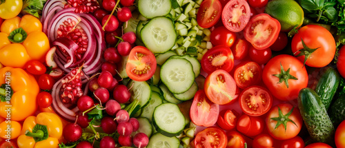 A colorful assortment of vegetables including tomatoes, cucumbers, and radishes © IonelV