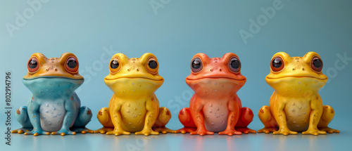 Four frogs sitting in row, each with a different color, smiling and happy photo