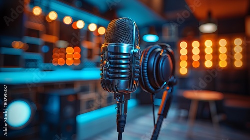 Studio condenser microphone with professional headphones on acoustic foam panel background with blue and orange light, copy space on right photo