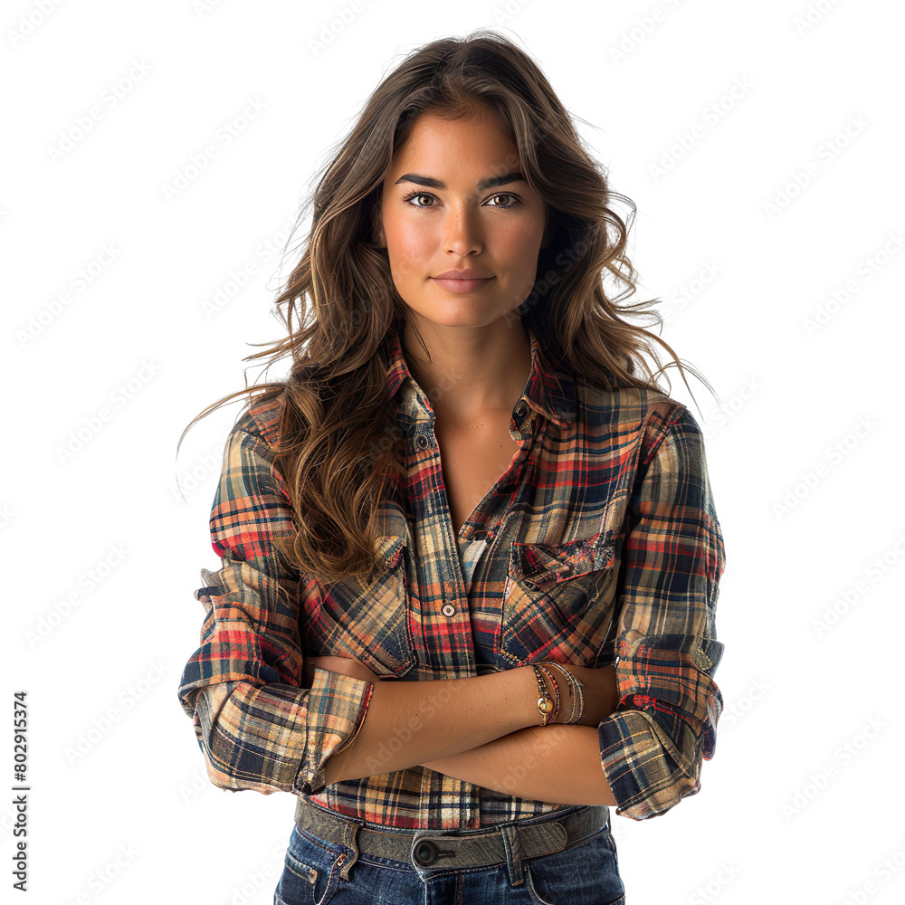 Front view mid shot of a sophisticated Latin female model wearing a timeless plaid shirt and dark denim jeans, isolated on a white transparent background Front view mid shot of a sophisticated Latin female model wearing a timeless plaid shirt and dark denim jeans, isolated on a white transparent background