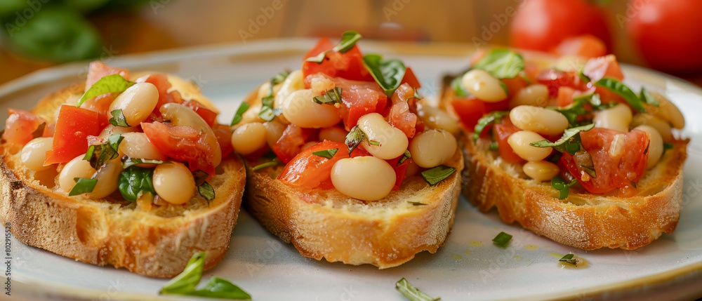 Close up three small breads with tomato and bean bruschetta Close up three small breads with tomato and bean bruschetta