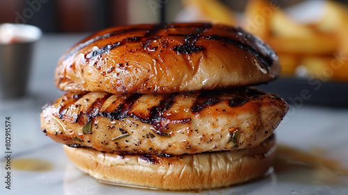 A mouthwatering perspective of a Chick-fil-A chicken sandwich, perfectly grilled and seasoned.