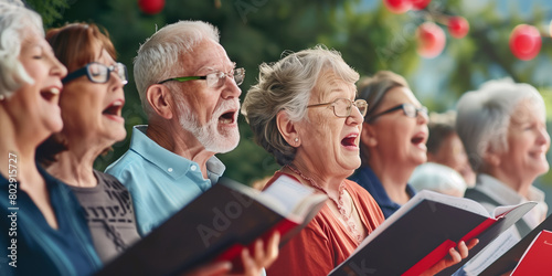 Group of senior women and men singing together at choir rehearsal. A community choir performing at a local nursing home. Hobbies and leisure for elderly people.