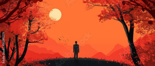 Illustration with silhouette man stands in autumn forest at sunset
