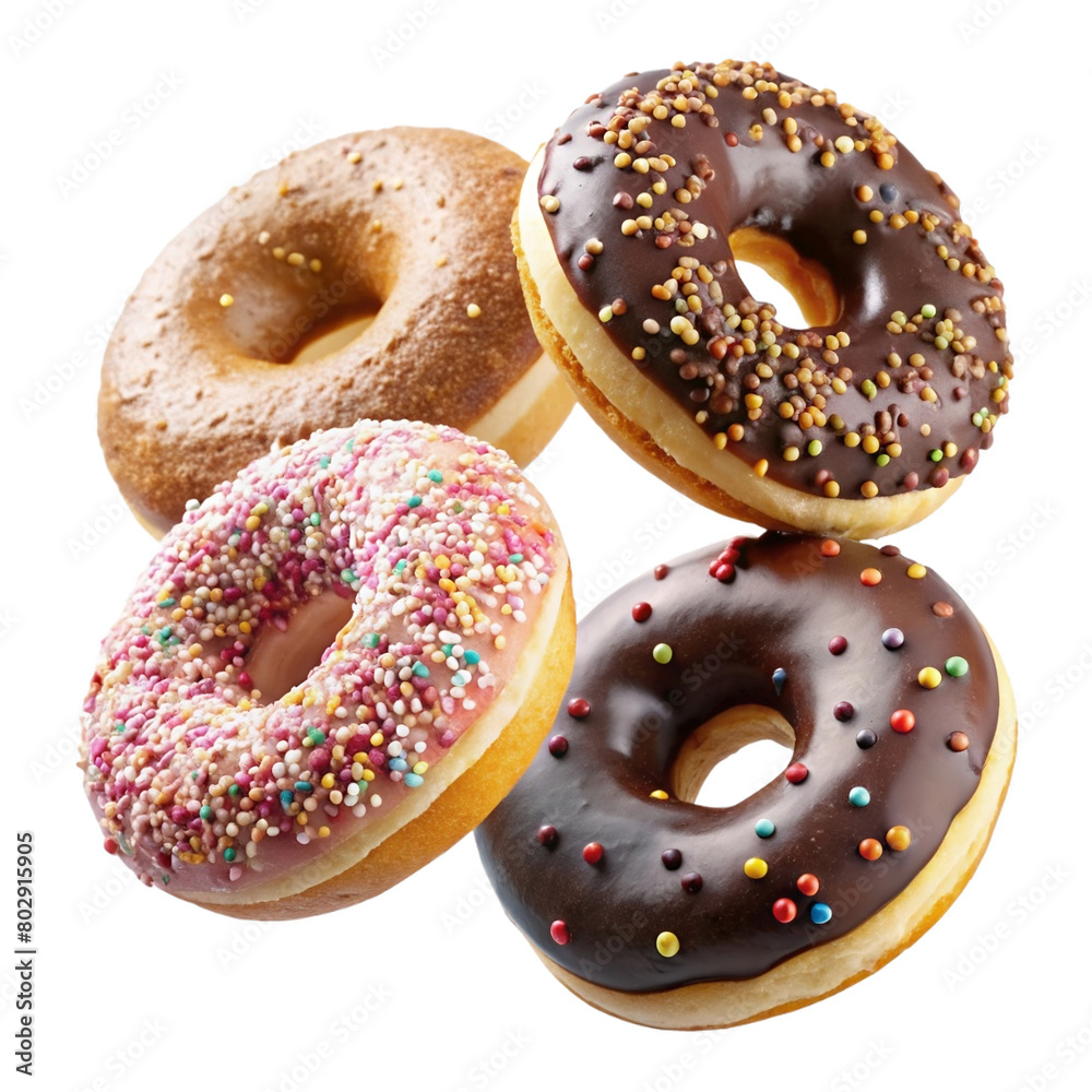 round donut doughnut, pink set, flying falling with sprinkles on transparent background cutout, PNG file. Many assorted different. Mockup template for artwork round donut doughnut, pink set, flying falling with sprinkles on transparent background cutout, PNG file. Many assorted different. Mockup template for artwork