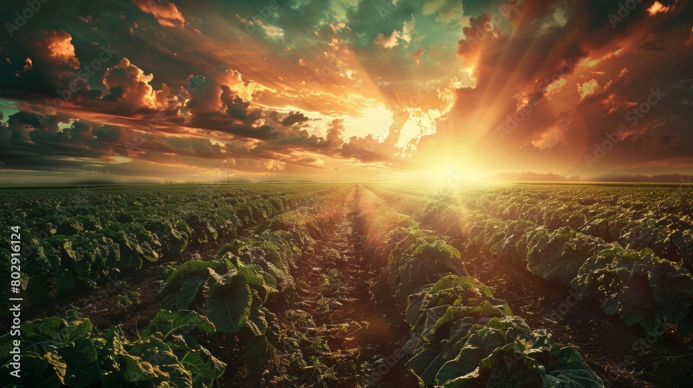 Serene view of high-tech agriculture at sunrise with vibrant sunlight through clouds