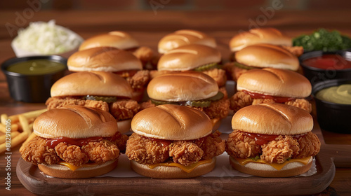 A tantalizing array of Chick-fil-A chicken sandwiches, served with dipping sauces. © Sitara