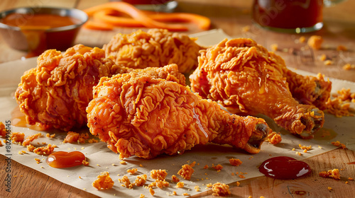 A tantalizing array of Popeyes chicken pieces, served with hot sauce and honey. photo