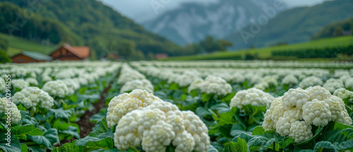 A field of cauliflower with a red barn in the background, blurred mountains background