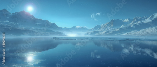 A beautiful blue sky and blue lake with snowy mountains in the background