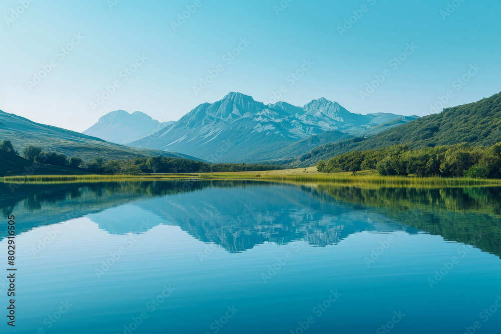 illustration of morning fog over a beautiful lake surrounded,surrounded by hills, trees and mountains.
