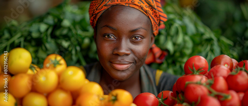 A woman is standing in front of a pile of tomatoes and oranges