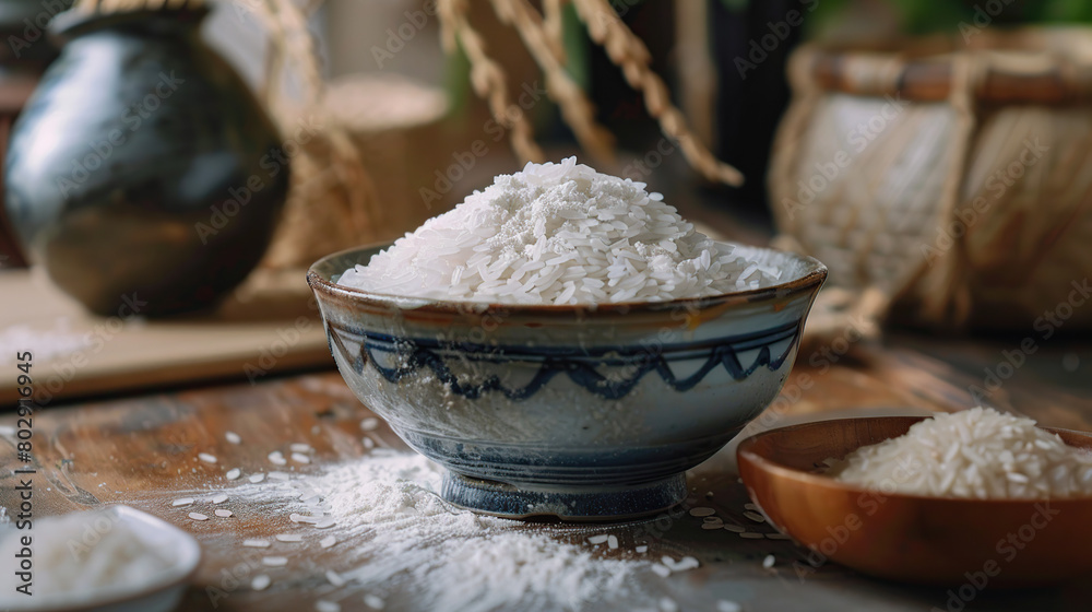 Generate product promotional photos, including a bowl of rice, ground flour, and made rice fruits, with exquisite and elegant poses Generate product promotional photos, including a bowl of rice, ground flour, and made rice fruits, with exquisite and elegant poses