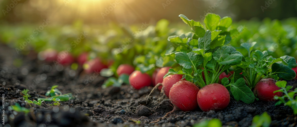 A field of red radishes growing in the dirt A field of red radishes growing in the dirt