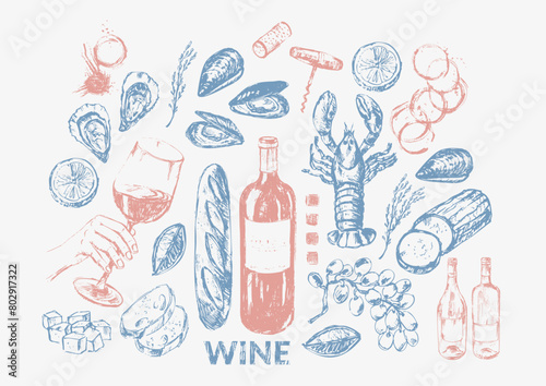 Vector wine illustration. Wine bottle, glass, snack. For food and drink background, menu design, party invitation.
