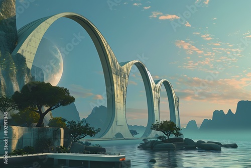 Retrofuturistic arcology with grand arches, under a tranquil sky. photo