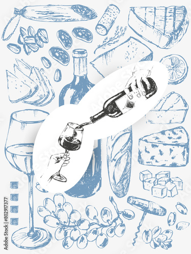 Vector wine illustration. Wine bottle, glass, snack, cork, corkscrew, grape, cheese, bread