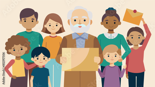 A group of grandchildren gathered around their grandparents holding up cardboard outs of historical figures that they made together as they retell the. Vector illustration