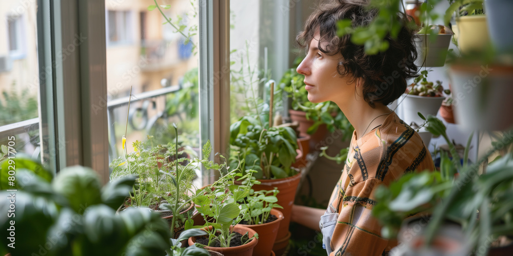 Young person working in their balcony farming organic garden with various vegetables, herbs and flowers. Cultivation of fresh produce on the balconies of buildings in major cities.