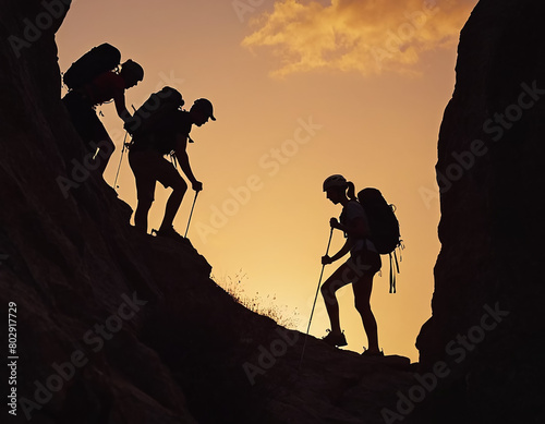 Silhouette of male and female hikers climbing a mountain cliff, depicting the concepts of help and teamwork.