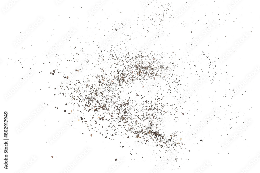 Dirt scattered, soil pile flying isolated on white background, top view Dirt scattered, soil pile flying isolated on white background, top view
