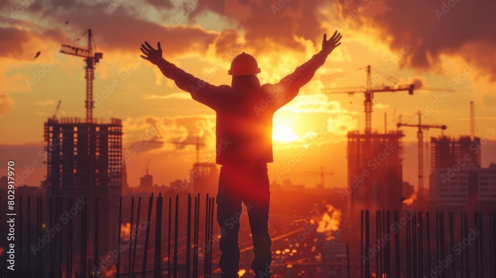 Construction worker embracing the vibrant sunset against an urban skyline silhouette Construction worker embracing the vibrant sunset against an urban skyline silhouette