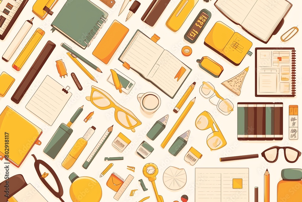 Seamless variety of school tools yellow background