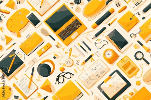 Seamless variety of office tools yellow background photo