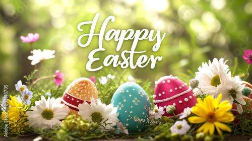 A vibrant Easter-themed greeting card with the words "Happy Easter" written in elegant font.