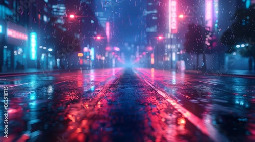 Vibrant neon lights illuminate the night streets of a cyberpunk city in this photorealistic 3D illustration of a futuristic urban environment.