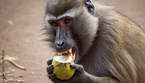 a-baboon-using-its-strong-jaws-to-open-a-coconut- photo
