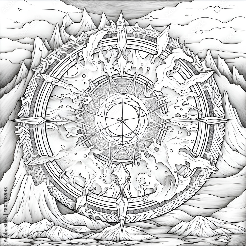 A black and white mandala with intricate patterns and designs set against a backdrop of mountains and clouds for coloring