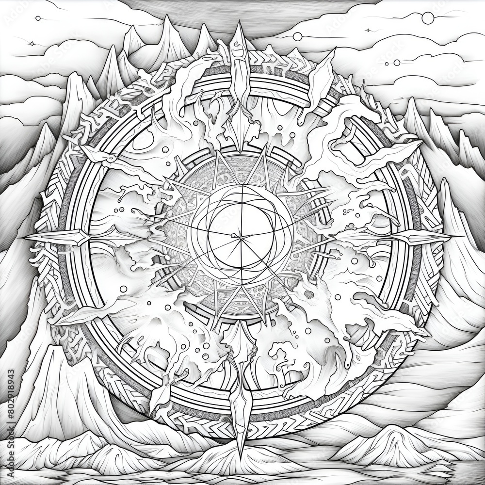 Naklejka premium A black and white mandala with intricate patterns and designs set against a backdrop of mountains and clouds for coloring