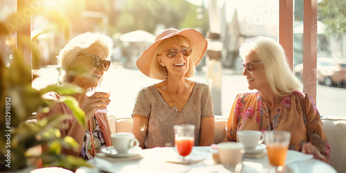 Cheerful senior female friends sitting in sunlit cafe on summer day. Retired women having getaway together. Retirement hobby and leisure activity for elderly people.
