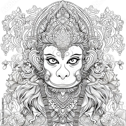 Coloring book page for kids and adults of a Hanuman a Hindu god with intricate patterns and details.