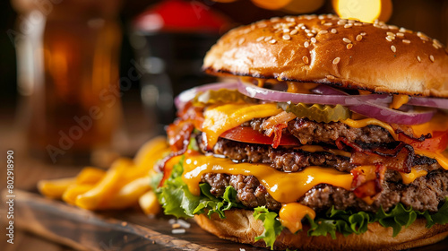 Close-up of double burgers with perfectly melted cheese cascading over the sides.