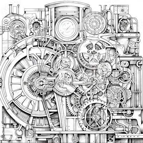 Coloring book page for kids and adults of a steampunk machine made up of gears, cogs, and other mechanical parts.