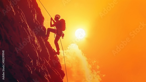 Silhouette of a climber on a steep cliff with a vibrant sunset backdrop