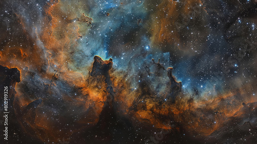 Panoramic view of towering dust pillars set against a glittering star field in deep space photo