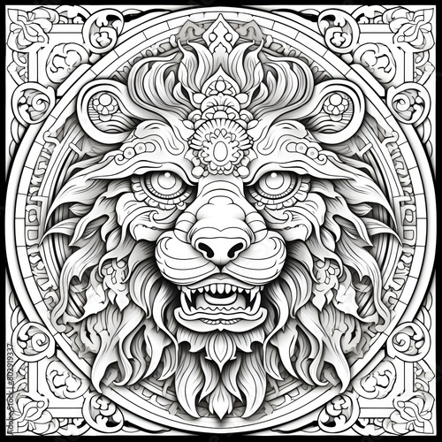 Coloring book page for kids and adults of a lion's head surrounded by a circle of intricate floral designs