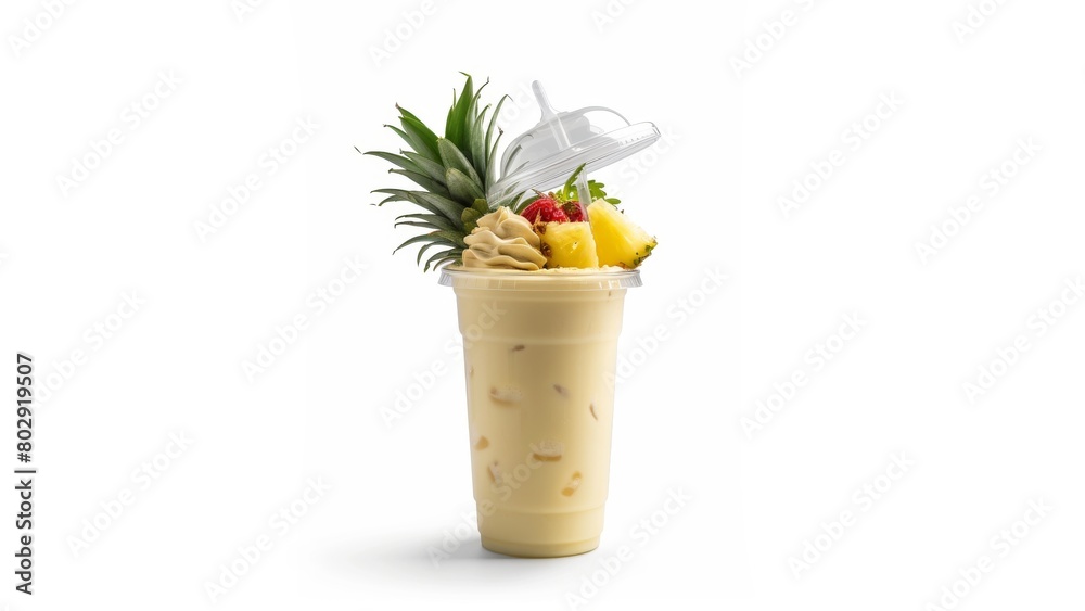 non-alcoholic pina colada in a plastic transparent glass with a dome lid white background without cream