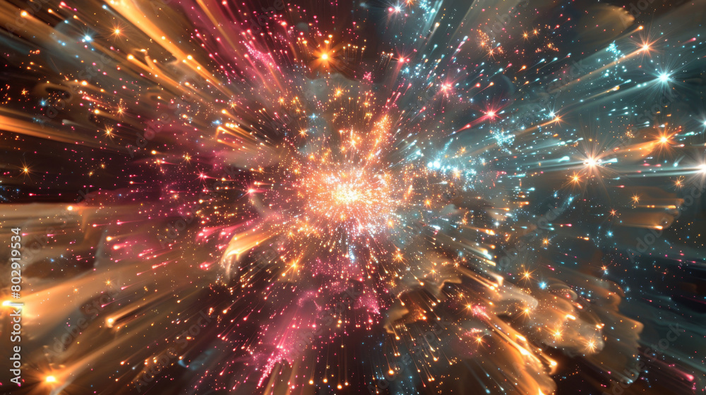 Vibrant light effects and a dynamic depiction of space travel through a star-filled galaxy