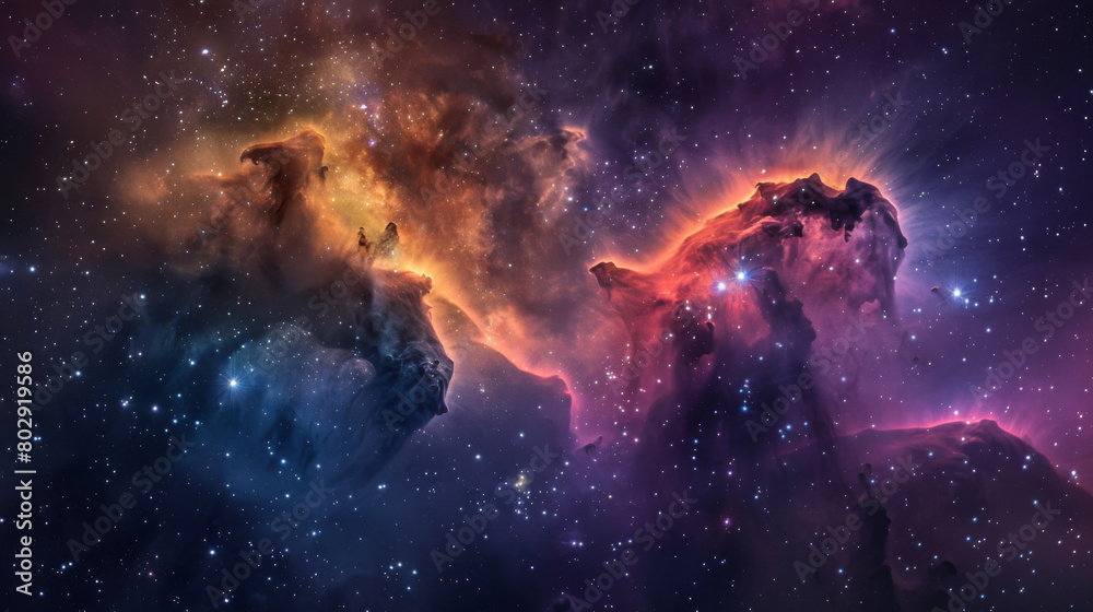 Vibrant and colorful depiction of a nebula with spectacular cosmic clouds and stars Vibrant and colorful depiction of a nebula with spectacular cosmic clouds and stars
