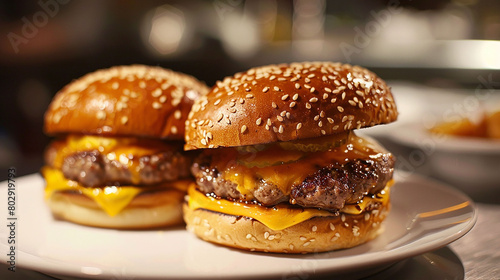 Double cheeseburgers presented on a sleek white plate, with sesame seeds catching the light.